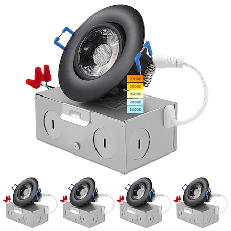 Luxrite 3 Inch Gimbal LED Recessed Downlights 5CCT 2700K-5000K 8W 600LM Dimmable Damp Rated Black, 4PK LR23221-4PK